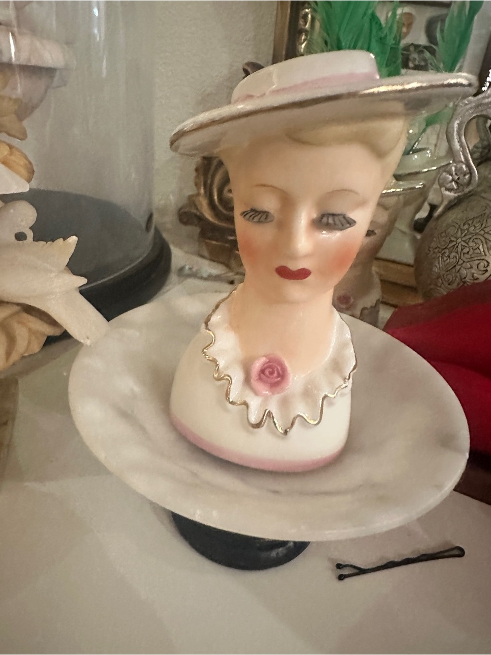 Vintage Ceramic Lady Head Vase - Pink Accents bud vase
